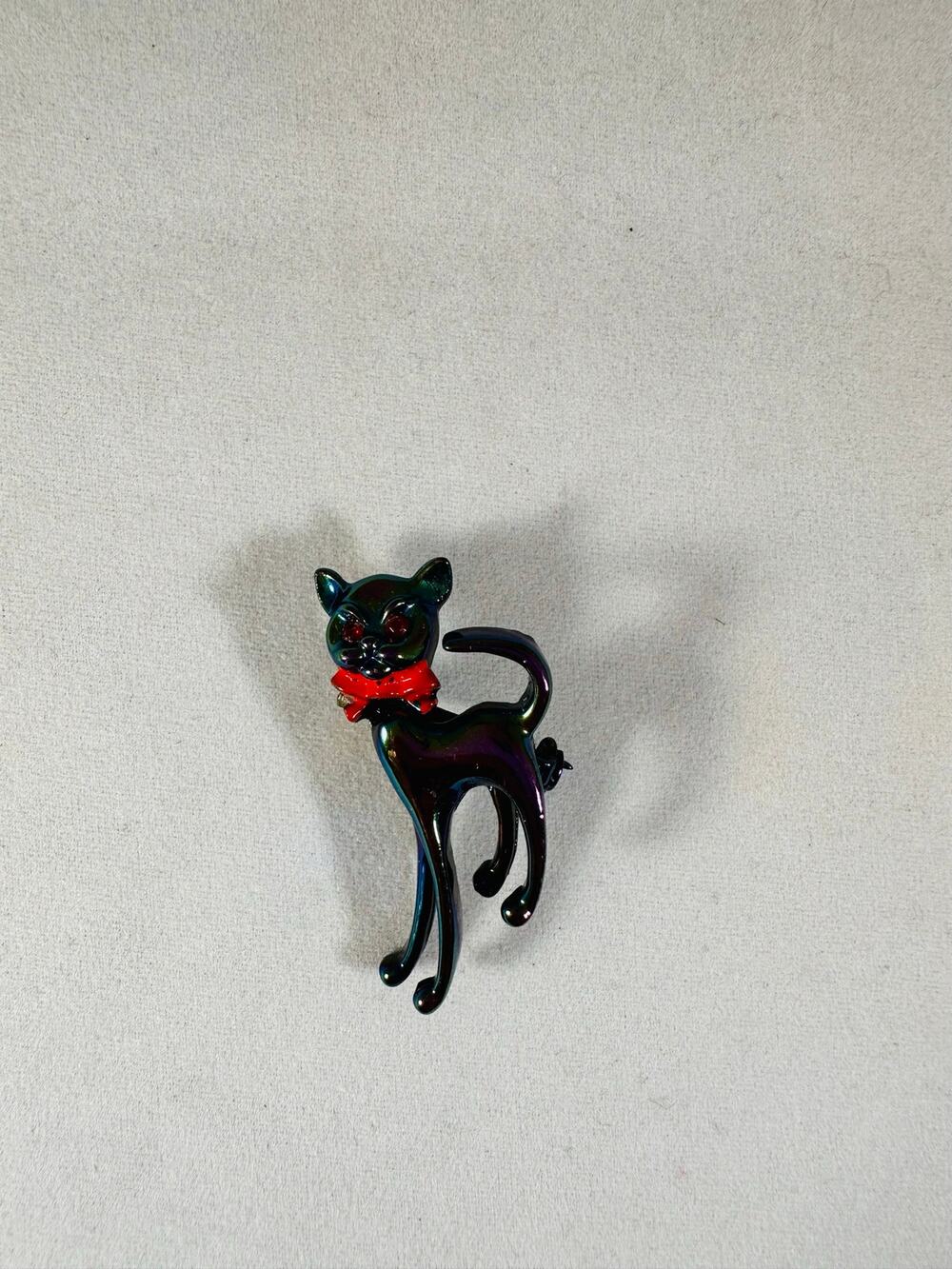 Vintage Iridescent Black Cat Brooch Red Bow Rhinestone Eyes MCM 1.5" x 0.5"